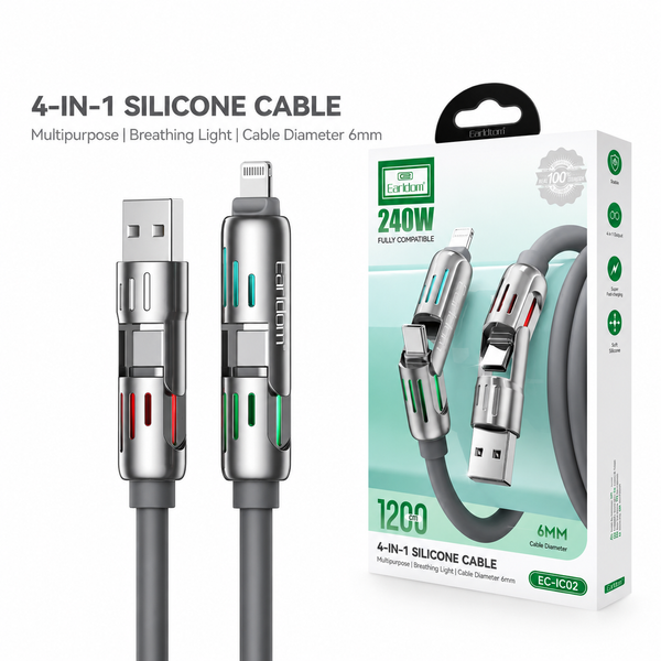 Кабель Earldom EC-IC02 4 в 1 USB-A/USB-C &ndash; USB-C/Lightning 240W 1.2 м силиконовый Grey 790634 фото