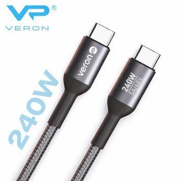 Кабель Veron CC14 Type-C to Type-C 240W PD 5A 1м USB 3.0 нейлоновий чорний 771001 фото