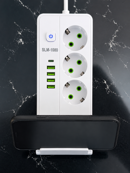 Сетевой фильтр SLM-1080 5 м 2500W | 3 розетки + 4 USB + USB-C + беспроводная зарядка 789787 фото