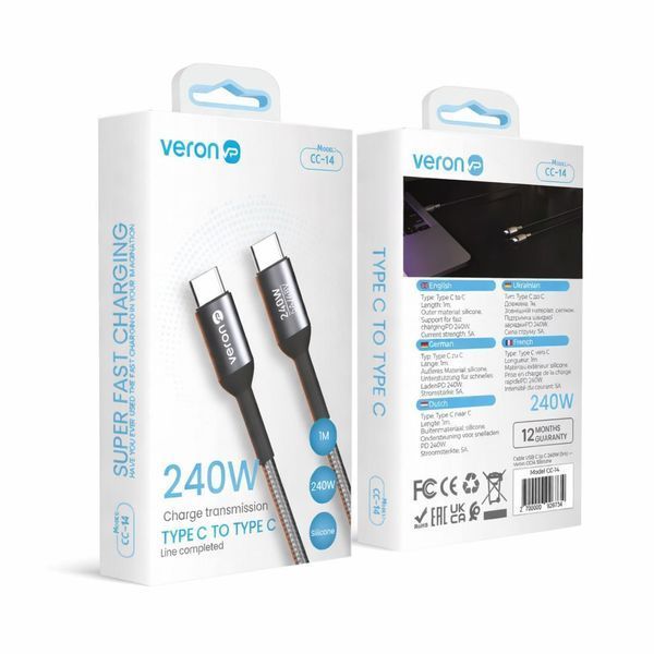 Кабель Veron CC14 Type-C to Type-C 240W PD 5A 1м USB 3.0 нейлоновий чорний 771001 фото