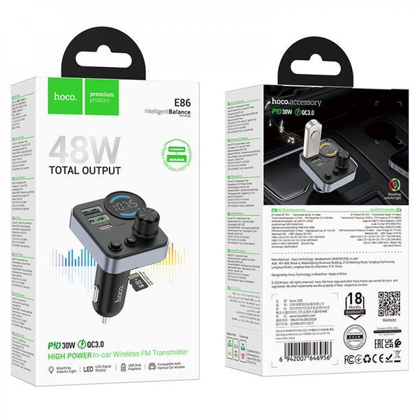 FM-трансмітер Hoco E86 Bluetooth 5.4, PD 30W + QC3.0 18W, 48W, Hands-Free, USB-C, USB, TF, автомобільний модулятор 785944 фото