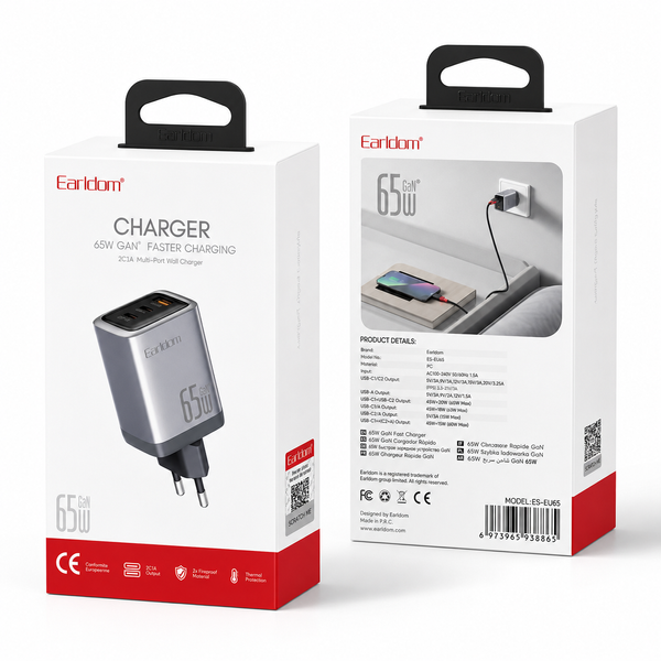 Сетевое зарядное устройство Earldom ES-EU65 GaN 65W с 2&times;USB-C и USB-A 791702 фото