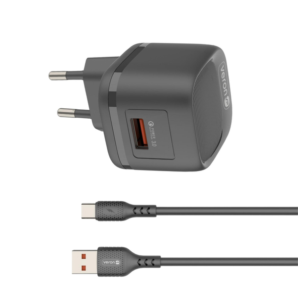 Зарядний пристрій Veron VR-C18Q 18W з кабелем USB to Type-C 1м швидка зарядка 778541 фото