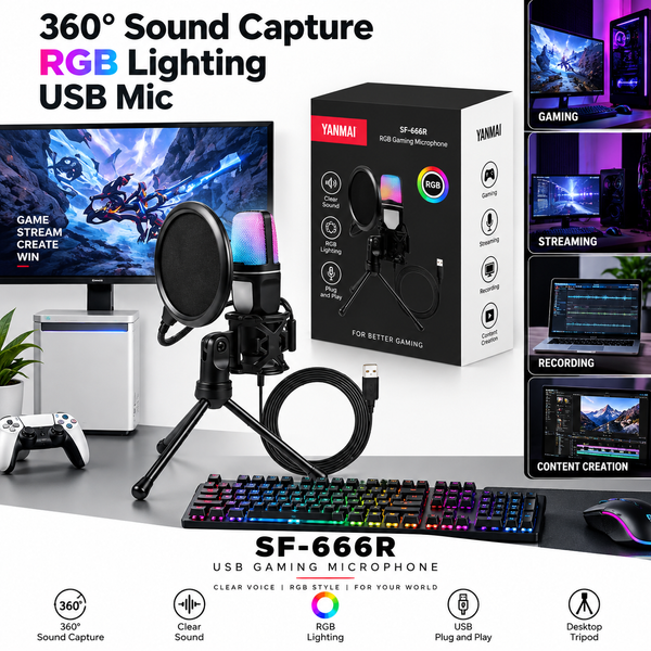 Ігровий мікрофон YANMAI SF-666R RGB USB з підсвічуванням, поп-фільтром і настільним штативом 788964 фото