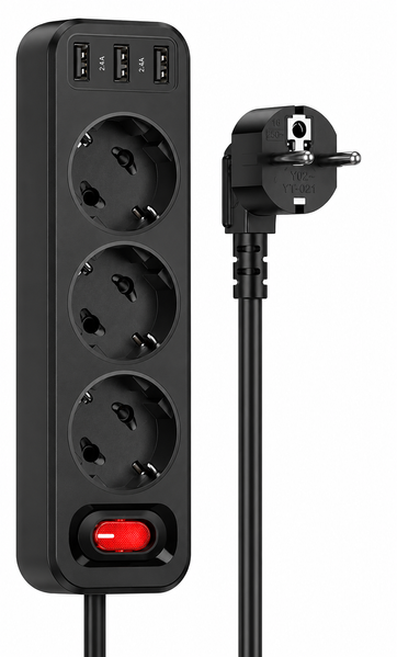 Сетевой фильтр Hoco NS2 Black 4000W | 3 розетки + 3 USB | Удлинитель 1.8m 774224 фото