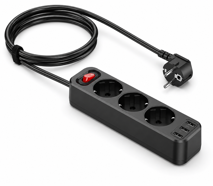 Сетевой фильтр Hoco NS2 Black 4000W | 3 розетки + 3 USB | Удлинитель 1.8m 774224 фото