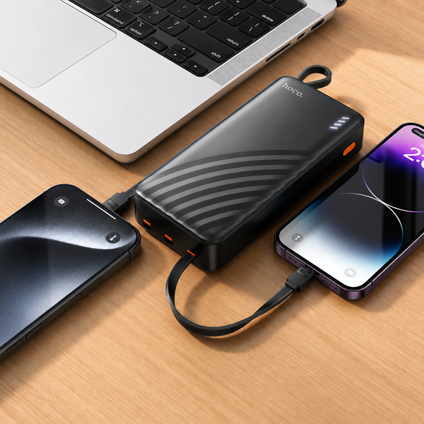 Повербанк Hoco J146A 20000mAh Black | Power Bank со встроенными кабелями USB-C, Micro USB и Lightning 790925 фото