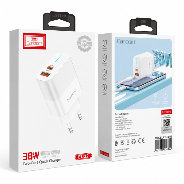 Мережевий зарядний пристрій Earldom ES-EU32 38W USB-A + USB-C з кабелем Type-C 1 м 791140 фото
